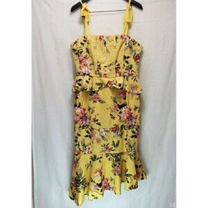 Antonio Melani Floral Peplum Midi Dress Yellow Cottagecore Garden Party Sz 14